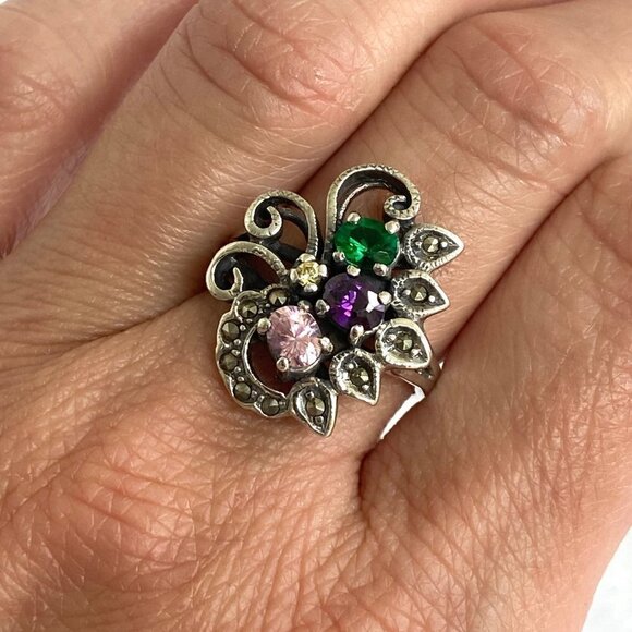 Sterling Silver 925 Multi Colored CZ Marcasite Floral Flower Cluster Ring Sz 8 - Picture 4 of 16